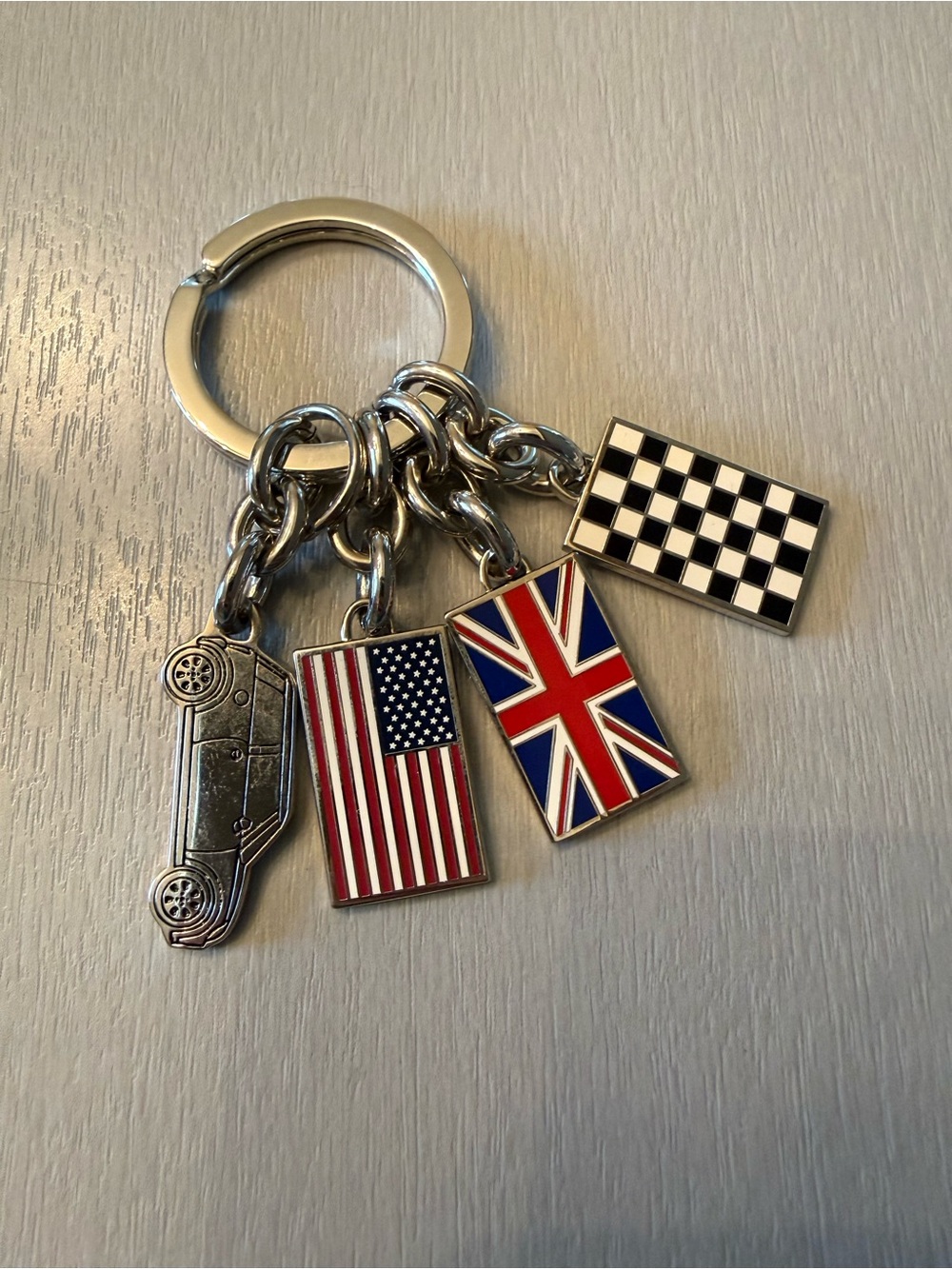 Vintage Mini Cooper Car & Flag Charm Keychain
